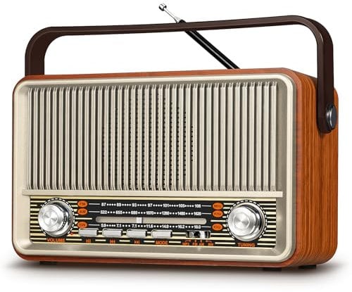 PRUNUS J-120 Radio Portatile Vintage legno FM/AM/SW,Altoparlante Bluetooth Retro,Radiolina Portatile con Batteria Ricaricabile da 1800 mAh Potenziata,Alimentazione CA disponibile,Supporta TF/USB/AUX.