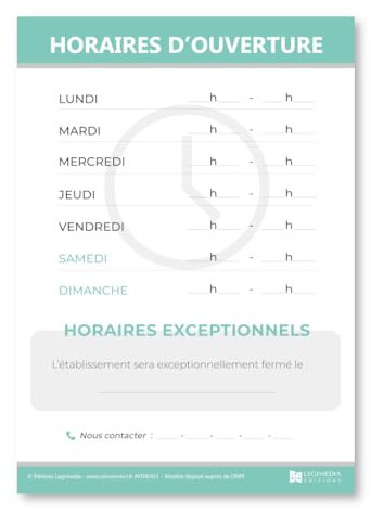 Affichage des Horaires d'ouverture - Plastifié deux faces - Kit de fixation inclus (pastilles adhésives) - Fabriqué en France