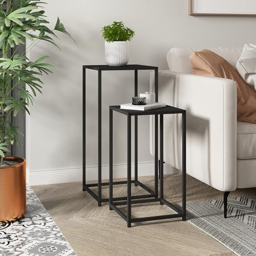 [en.casa] Satztisch Åseral 2er-Set Beistelltisch in Säulenform Nebentisch quadratischer Dekotisch Pflanztisch Metallgestell für Wohnzimmer im Industrie-Design Schwarz