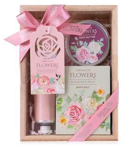 Accentra – Badeset Frauen Geschenkset I DREAM OF FLOWERS in schöner Geschenkbox – 3-teiliges Pflegeset mit Handcreme, Körperbutter und Badesalz – Geschenk Set zum Valentinstag & Muttertag