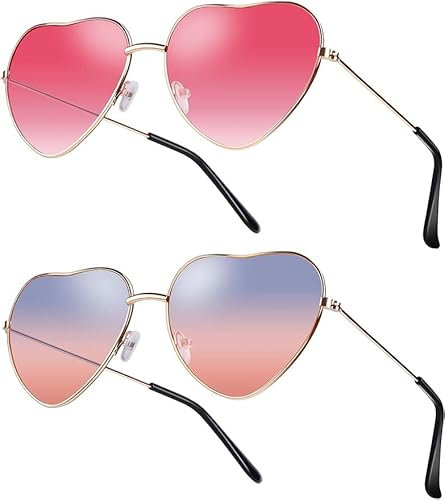 2 Paia Hippy Occhiali da Sole Forma di Cuore Retro -Gradient Rosso e Blu, Protezione UV, Accessorio Vintage per Costume Hippie, Unisex