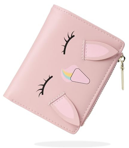 conisy Süß Geldbörse Damen Klein, Bifold Leder Portemonnaie Damen mit RFID Schutz, Geldbeutel Mädchen mit Reißverschluss Münzfach (Einhorn Rosa)