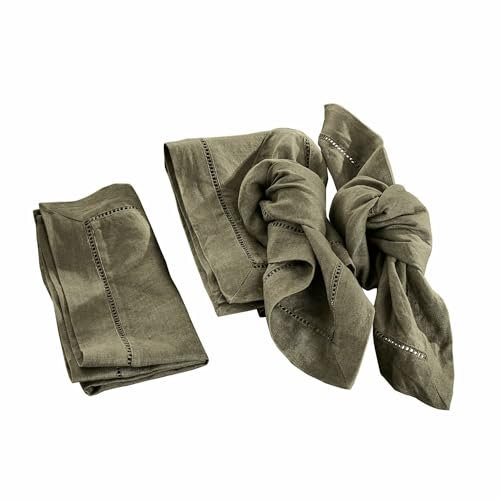 LOBERON Serviette 4er Set Covent Garden, Stilvolle Hohlsaumstickerei, Strapazierfähig & Langlebig, Wiederverwendbar, Tischwäsche, Küchentextilien, Leinen, olivgrün