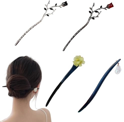 Traziewell Accessoires pour cheveux pour femme - Chignon français - Accessoire pour cheveux vintage - Fleur faite à la main - Longue fourchette - Pinces à cheveux - 0518