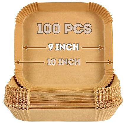 RAJA UNCLE Air Fryer Liners, 100PCS 9 Inch Large Square Disposable Non-Stick Paper Liners Compatible With COSORI, Ninja & Tower Air Fryers