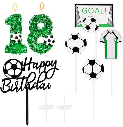 Ronoza® Pailletten Geburtstagskerzen Zahlen 18 (Fußball Deko), Kerzen Geburtstag, Grüne Geburtstagskerze, Geburtstagskerzen für Torte, Kerze 18, Kerzen Zahlen (mit Tortendeko Fussball Set)