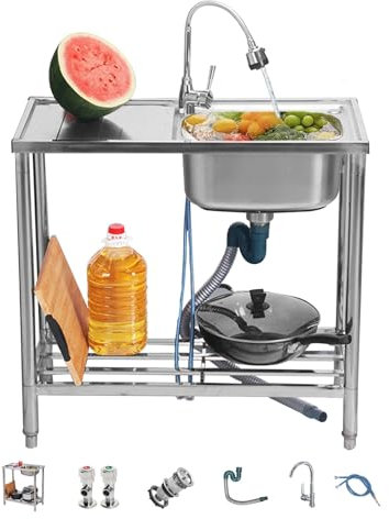 Spülbecken Edelstahl Outdoor Spülschrank Mit Spülbecken Camping Mobiles Waschbecken Tragbare Handwaschstation Mit Abläufen Und Wasserhähnen For Kitchen,Restaurant,Garage,Laundry Room,Camping(R 85*38*8