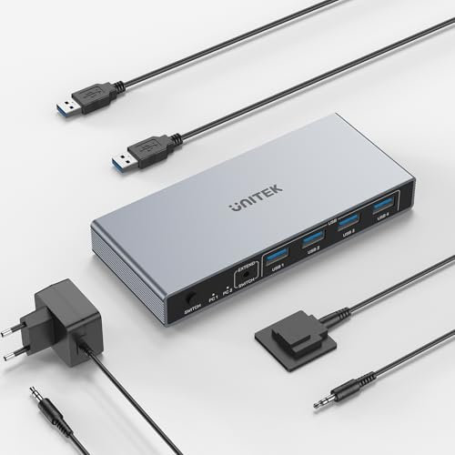 Unitek DP KVM Switch1 Monitor 2 - Computer USB 3.0 8K@60Hz KVM-Schalter 4 USB-A für 2 Computer Teilen von Monitor Tastatur Maus Festplatten HDCP Adaptiv 2 Kabel DC5V-Adapter