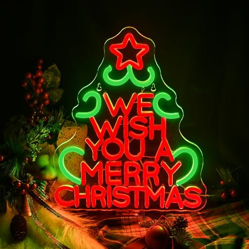 Uike SIGN Insegna Albero di Natale Merry Christmas Neon, Alimentazione USB, Insegna Dimmerabile per Decorazioni Natalizie, per Festa, Bar, Casa, Camera da Letto, Sala Giochi