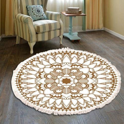 Tomifine Tappeto Bohémien, Motivo Mandala Rotondo Tessuto Tappeti con Nappe per Camera Letto, Corridoio, Soggiorno, Lavabile in Lavatrice (80cm,Marrone)