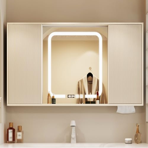 Massivholz Spiegelschrank Bad Mit Beleuchtung Und Schiebetür,hd Bathroom Mirror Cabinet Mit Zeitanzeige Und Defogging 3 Schichten Badspiegelschrank Für Bäder,Schlafzimmer,waschräume