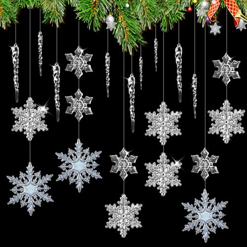 INNAL 42 Pcs Acryl Eiszapfen Schneeflocken Weihnachtsbaum Deko | Transparent Christbaumschmuck Eiszapfen,Weihnachtsbaumschmuck Schneeflocke Eistropfen Anhänger,für Weihnachten Party Hochzeit