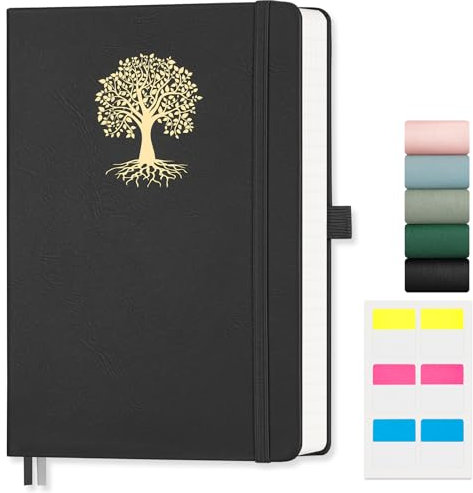 EMSHOI Taccuino A4 a righe, 100 g/m², copertina rigida in pelle, con note adesive, 192 pagine, a righe, per donne, uomini, lavoro, scuola, diario, 21,5 x 29,7 cm, nero