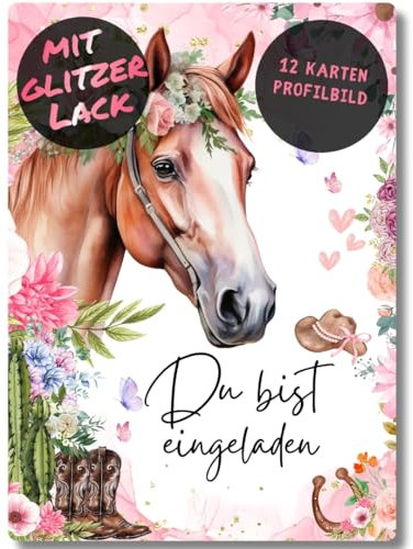 celebr8te 12x Pferde Glitzer Einladungskarten - Für den Kindergeburtstag von Mädchen - Partyeinladungen für Geburtstage inkl. Messenger Bild & Urlaubsgutschein