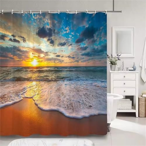 Shower Curtain Mould Proof Waterproof Shower Curtains 3D HD Bathroom Curtains Washable Polyester Fabric with 12 Hooks for Bathroom Garden Outdoor DecorationBeach 120x180cm (47.2x70.8Inch) F3460