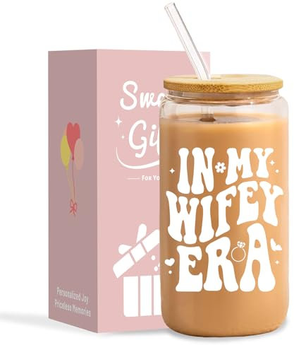 NOOMII Gifts for Women- Birthday Gifts for Women 16oz Iced Coffee Glass Cups with Bamboo Lids and Straws- Ideal Iced Coffee Gift Set for Friend Mum Wife Colleagues (Wife)