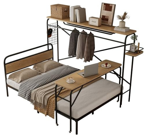 Metallbett 140x200 cm, Komplette Schlafzimmermöbel mit Flachem Bett, Tisch und Vertikaler Garderobenständer, Doppelbett mit Metallrahmen, Bettgestell Jugendliche und Erwachsene, Schwarz und Holz