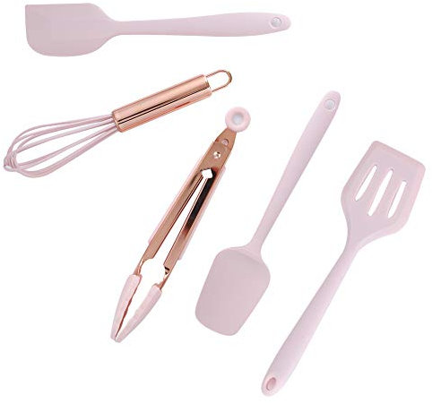 Akozon 5PCS Mini Silicone Baking Tools Set - Rose Gold Handle Spatula & Whisk - Kids Baking Utensils - Non-Stick & Heat Resistant Silicone Kitchen Gadgets