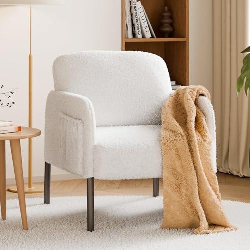 Mondeer Armchair, Accent Chair with Storage Bag and Metal Legs Soft Faux Lambswool Fabric for Living Room Bedroom Reading Reception Lounge, 63 x 75 x 75 cm, White
