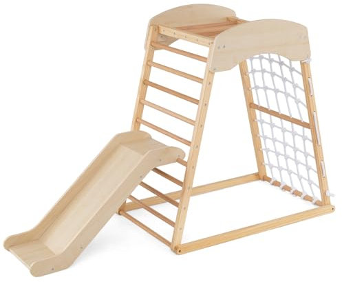 HOMASIS 6 in 1 Klettergerüst Indoor, Kletterdreieck mit Rutsche, Pull Up Bar, Kletterleiter, Kletternetz & Tunnel, Baby Spielplatz aus Holz, Kletterspielzeug für Kinder ab 1 Jahr (Holzfarbe)