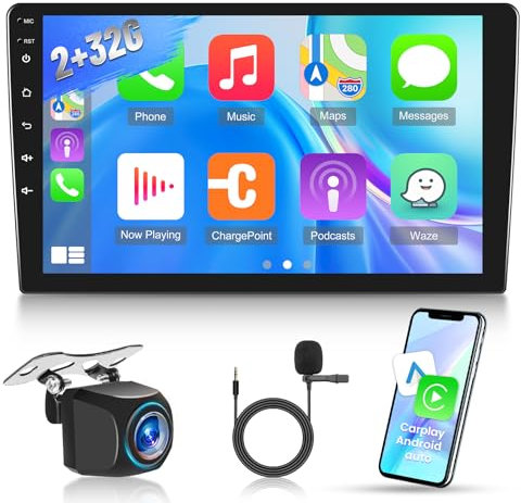 [2G+32G] 10.1 inch Android Double Din Car Stereo with Wireless CarPlay and Android Auto, 10 inch Touch Screen Radio with Mirror Link/1080P/EQ/WiFi/SWC/Bluetooth +AHD Backup Camera