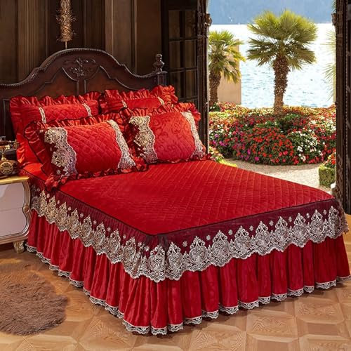 Homxi Drap Housse Super King avec 2 Taies d'Oreillers,200 x 220 CM,Cache Sommier Velours Motif de Dentelle Brodée avec Couleur Unie Drap Housse Rouge