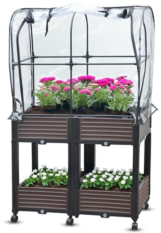 Gartenwelt Riegelsberger Hochbeet mit 2 Ebenen und Frühbeet auf Rädern 82x41xH135 cm Foliengewächshaus für Garten