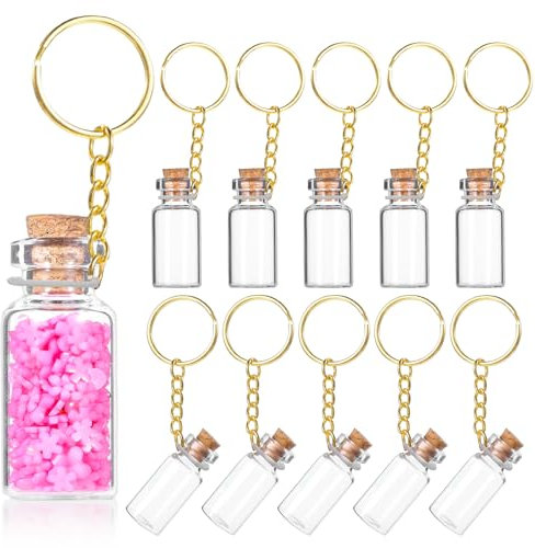 HJZHII 10 Pcs Mini Glass Bottles, 3ml Wish Jar Keychains with Corks Lids Tiny Jars Potion Bottle Miniature Message Bottles for DIY Crafts Backpack Bag Hanging Wedding Party Favors