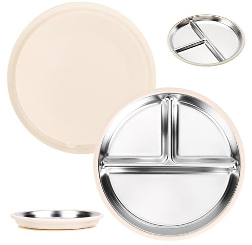 auvstar Set de 2 Platos de Acero Inoxidable con Ventosas Extra Grandes para Bebé,Platos Para Niños Pequeños,Platos Divididos Para Alimentación Autónoma,Antideslizante y Portátil Adecuado(Leche blanca)