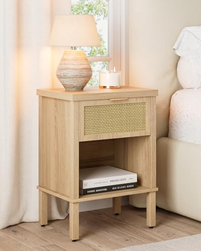 Apetaccat Rattan Nachttisch Beistelltisch mit offenem Ablagefach Eiche | Nachttische mit Schublade, moderner Boho-Nachttisch für Schlafzimmer, Wohnzimmer und kleine Räume, 38 x 28 x 55 cm
