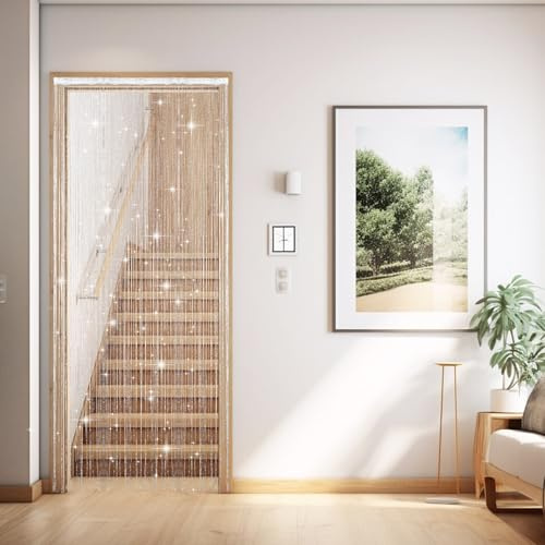Glitzernder Fadenvorhang mit Quasten, 100 x 200 cm, Türvorhang mit 80 Nadeln, glitzernder Raumteiler für Wohnzimmer, Schlafzimmer, Party, schimmerndes Fliegengitter für Fenster, Türen, 2 Stück (weiß)