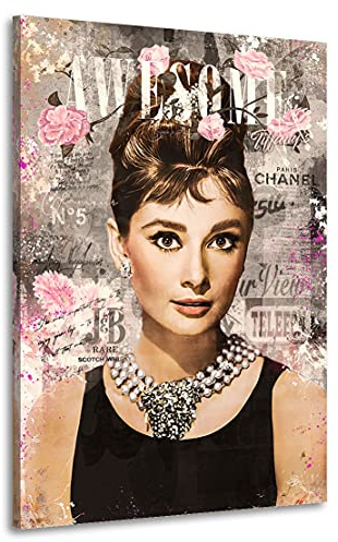 Kunstgestalten24 | Audrey Hepburn Awesome Retro Wandbild | Leinwand-Bild mit Echtholz-Keilrahmen | Gemälde Kunst Art | Hochwertige Kunstdrucke | XXL Bilder | 40x60cm, 2cm Rahmentiefe