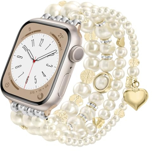 VMORO Pearl Bracelet Compatible with Apple Watch Straps 44mm 45mm 46mm 49mm 42mm(Series 3 2 1) for Women, Replacement Bracelet for iWatch SE Ultra Series 11 10 9 8 7 6 5 4 3 2 1 - Champagne Gold