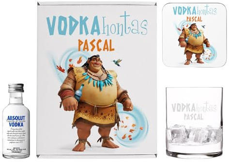 Herz & Heim® Geschenkset „Vodkahontas“ – mit Absolut Vodka (50 ml), graviertem Glas, Untersetzer & Geschenkbox – personalisiert mit Name & Wunschtext – lustige Geschenkidee zum Geburtstag