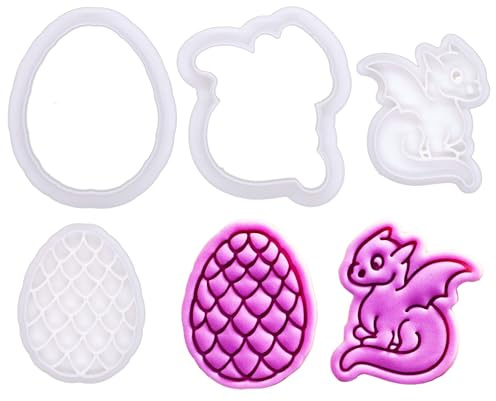 BAKERLOGY Mini Baby Dragon and Dragon Egg Cookie Cutter and Stamp Set (2) – Fantasy-Themed Embosser for Nursery Cookies, Fondant Tool for Mythical Birthday Cupcakes and Baby Shower Cakes