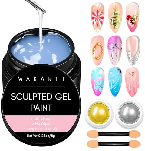 Makartt 3D Nail Gel Sculpting Kit with Chrome Nail Powder Gold & Silver – 3D Painting No Wipe for Nail Polish, Multi-Use Nail Glue Gel for Drawing, Molding & Decoration, Nails Art for Home & Salon DIY