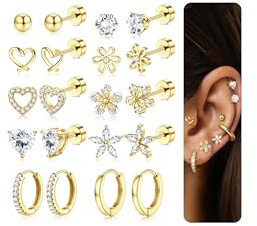LOLIAS 10 Paar Creolen Ohrringe Set Chirurgenstahl Ohrstecker für Damen | Hypoallergene Chirurgenstahl Creolen Ohrstecker Gold Silber CZ Conch Tragus Helix Piercing Schmuck Geschenk für Damen