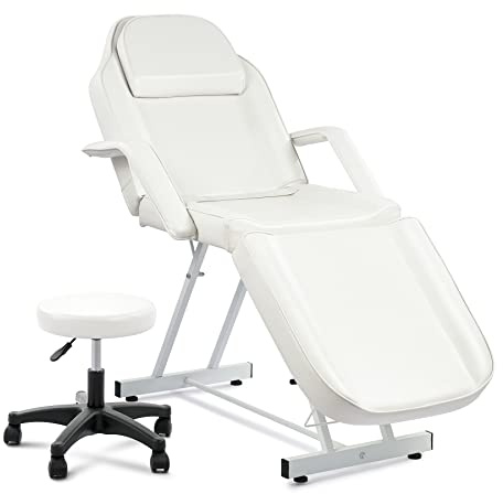 VONLUCE 3 Section Massage Table Beauty Salon Chair with Headrest Armrests & Stool, White