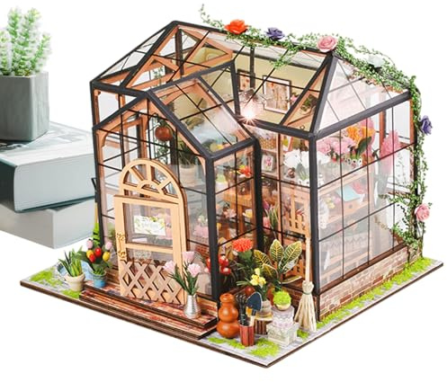 Kit De Casa En Miniatura | Invernadero con Muebles Y Pegamento para Maquetas | Invernadero De Madera Artesanal para Proyectos Manuales Y Decoración para El Hogar | Decoración Hogar Navidad Cumpleaños