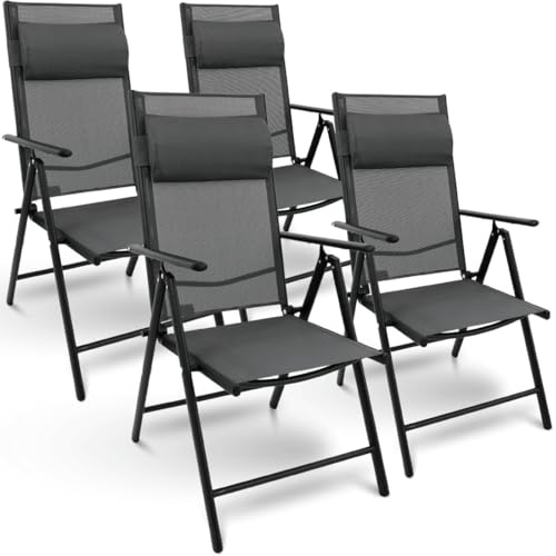 DELUKE 4er Set Gartenstuhl Hochlehner Verstellbar VOGT - Stahlgestell | Gartenstühle Klappbar mit Kopfkissen Campingstuhl Wetterfest Klappstuhl, Anthrazit