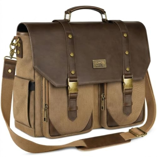 MATEIN Vintage Aktentasche Herren, Messenger Bag Leder, Canvas Arbeitstache | mit USB-Ladeanschluss RFID-Schutzfach, Laptoptasche 15.6 Zoll mit Nassfach, Lehrertasche für Business, Arbeit, Schule, Braun