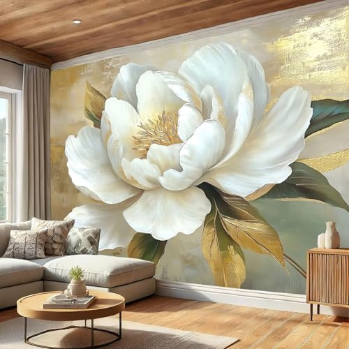 DACRWEKZ Papier Peint Panoramique Pivoine blanche 200x140cm Poster Geant Mural 3D, Tapisserie Photo Peinture Murale, Papier Peint Style de peinture à l'huile rétro Fresque Pour Salon Chambre Or blanc
