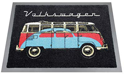 BRISA VW Collection - T1 Bus Camper Doormat Welcome rug | Volkswagen Doormat, Dirt Trapping Mat, robust, Washable, for Front Door, Garage, Camping, 70 x 50 cm, Bus & Beetle/Black