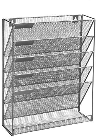 OSCO Wiremesh 5-Tier Magazine Rack, High-Density Wire Mesh Storage Unit with Wall-Mount or Freestanding Option for Files, Magazines & Binders, Desk or Wall Use, Silver