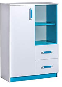 Furniture24 Kommode TRAFIKO 06 mit 2 Schubladen und Tür, Highboard, Sideboard, Mehrzweckschrank für Jugend und Kinderzimmer (Weiß/Türkis)
