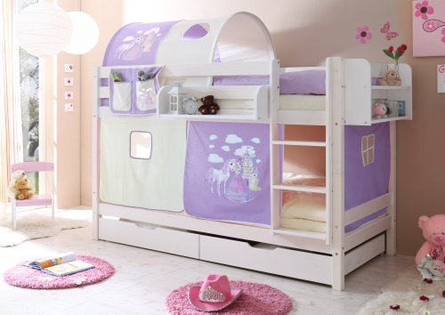 Etagenbett Doppelbett Marcel Kiefer massiv Weiss, Vorhangstoff:Horse Lila