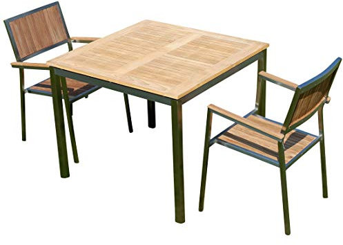 ASS ALEOS. Gartengarnitur Edelstahl Teak Set Tisch 90x90 cm + 2 Teak Sessel A-Grade Teak Holz Serie Kuba Gastroqualität