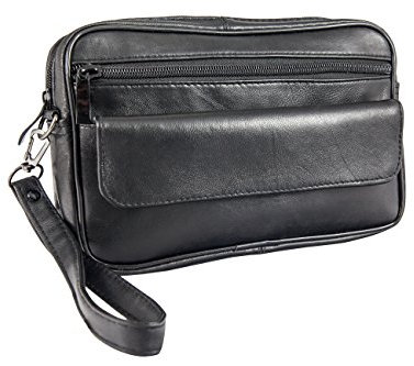 XXL HANDGELENKTASCHE LEDER - Herrentasche Handtasche Umhängetasche Tasche Gürteltasche Horst Schlämmer Schwarz Herren Tragegurt Handschlaufe Reißverschluss Männer Frauen Smartpfone Handy