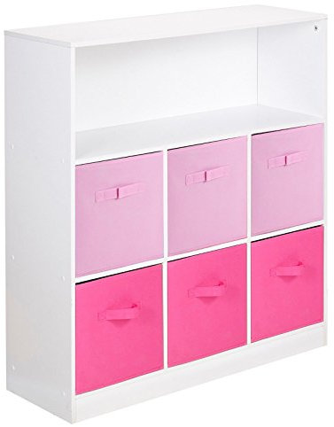 URBNLIVING White Wide 7 Cube Bookcase Light Pink & Dark Pink Non Woven Drawers