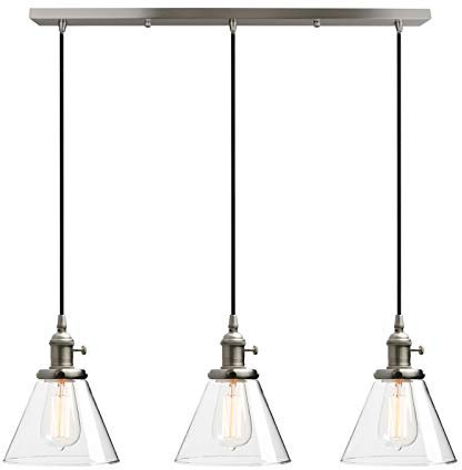 Phansthy Industrial Pendant Light Fitting with Switch, 3 Light Hanging Lamp with Clear Glass Shade, 3 Ways Ceiling Chandelier for Kitchen Dining Room Living Room (Brushed)